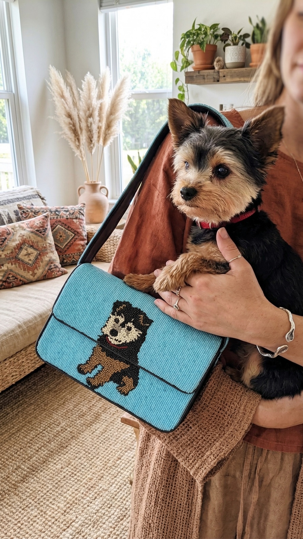 Custom Hand-Beaded Pet Portrait Shoulder Bag